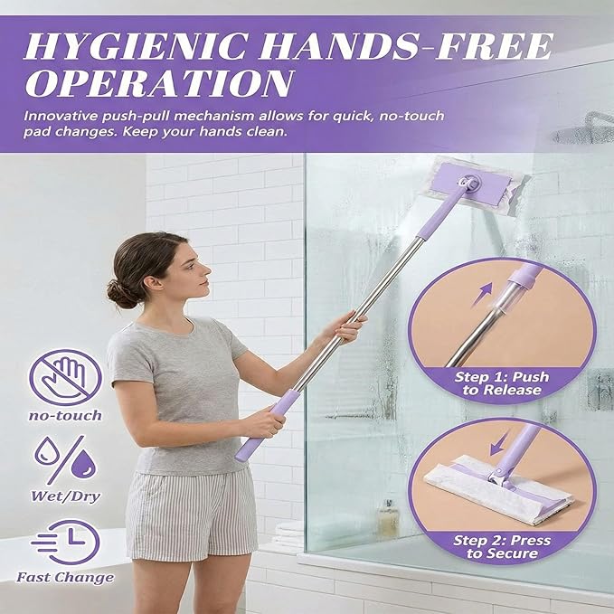 2026 Upgraded Snap Grip Mini Mop Zero Touch Mini Mops Cloth Changing MiniMop with Automatic Hands Free Push Pull Handle Retractable Disposable Dust Mops for Multi Cleaning (White+20*Cloth 28 in)