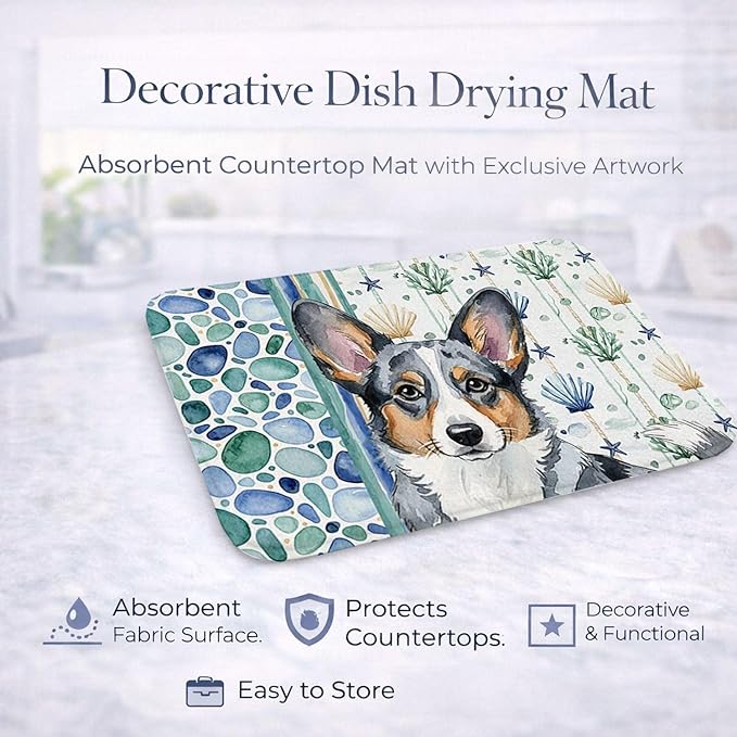 Caroline's Treasures Blue Merle Cardigan Welsh Corgi Coastal Sea Glass Dish Drying Mat Absorbent Dish Drying Mat Pad for Kitchen Counter Dish Drainer Mat for Countertop 14 x 21 Multicolor