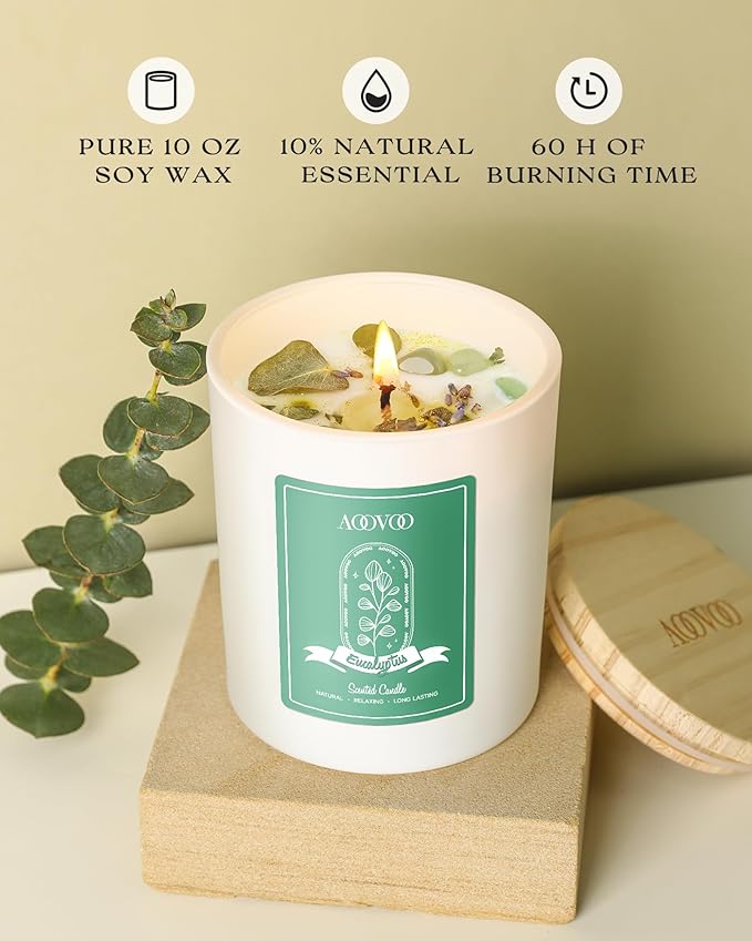 AOOVOO Eucalyptus Mint Scented Candles for Women - Aromatherapy Candle with Crystals Inside 10oz Soy Candles for Home Scented Birthday Gifts Valentines Day Candle for Women Mom