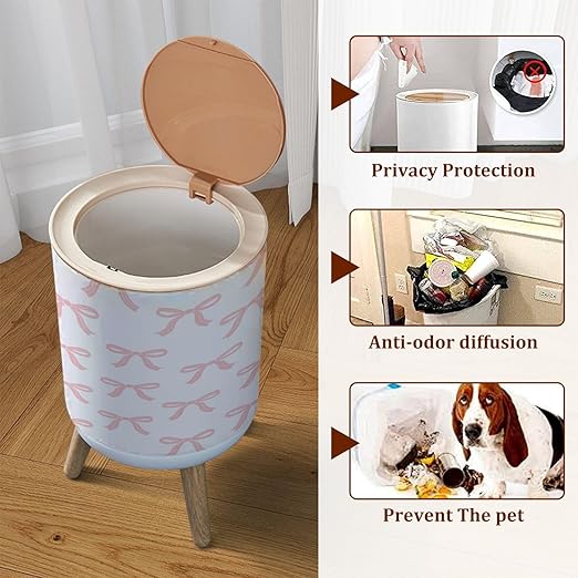 Small Trash Can with Lid Cute Coquette Seamless Pink Ribbon Bow White Garbage Cans Round Wastebasket 1.8 Gallon Dog Proof Trash Can Waste Basket for Bathroom Office Dorm Decor