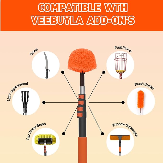 15FT Reach Cobweb Duster with Extension Pole - Spider Web Brush for Cleaning with 3-12FT 4-Section Flip-Lock Telescopic Pole Effortlessly Cleans High Indoor &amp Outdoor Webs
