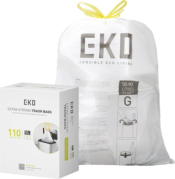 EKO 21 Gallon / 50-90 Liter110 CountDrawstring Trash Bags Extra-Strong Unscented Garbage Bags Easy-Dispense Roll for Kitchen &amp Household Use Resists Tears Leaks and Punctures Code G White