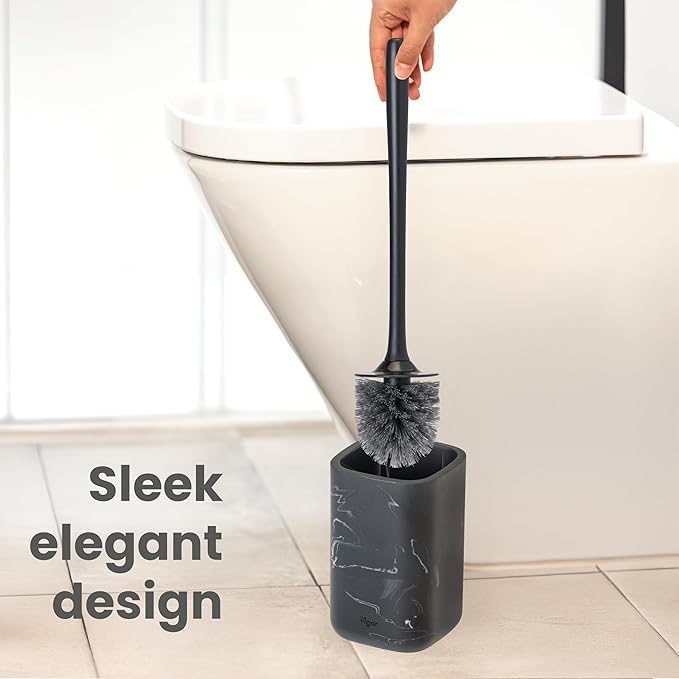 Vigar Zense Toilet Brush and Holder Set Toilet Bowl Brush with Polyresin Stone Holder Bathroom Sets for Bathroom Decor and Accessories Black Marble