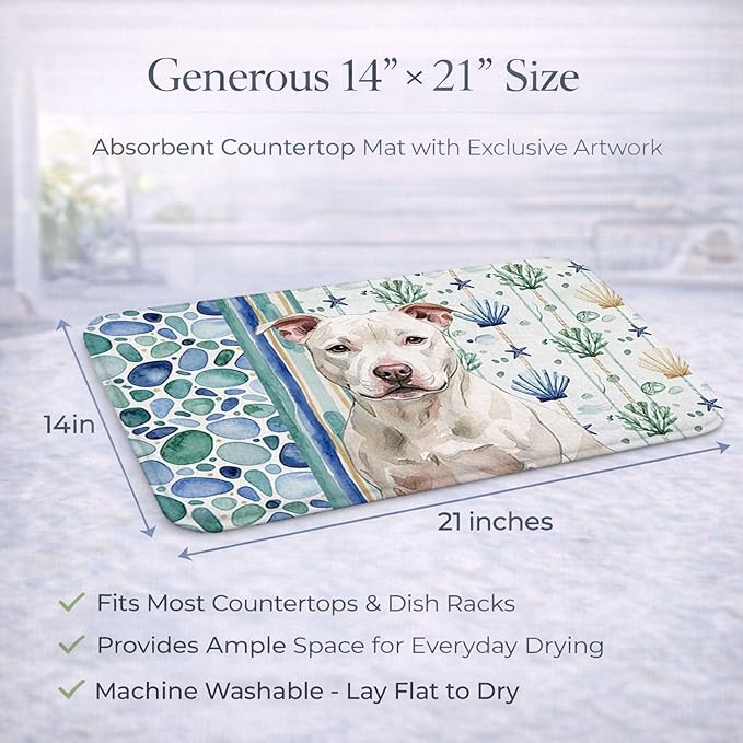 Caroline's Treasures White Staffordshire Bull Terrier Coastal Sea Glass Dish Drying Mat Absorbent Dish Drying Mat Pad for Kitchen Counter Dish Drainer Mat for Countertop 14 x 21 Multicolor