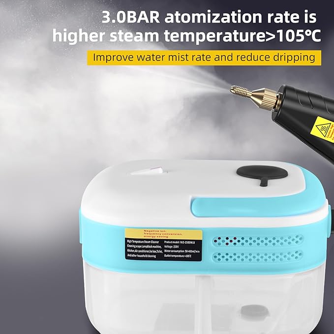 1200W Portable Handheld Steam Cleaner for Car Quick Heat 105℃ High Temperature Machine with 1200ml Water Tank 3 Brush Heads and 7 Accessories Portable for Home (US Plug)