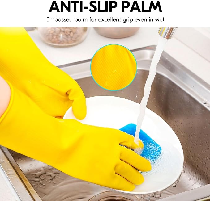 Vgo... 5-Pairs Reusable Household Gloves Rubber Dishwashing gloves Extra Thickness Long Sleeves Kitchen Cleaning Working Painting Gardening Pet Care (Size L Yellow HH4601)