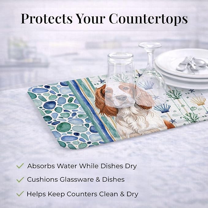 Caroline's Treasures Welsh Springer Spaniel Coastal Sea Glass Dish Drying Mat Absorbent Dish Drying Mat Pad for Kitchen Counter Dish Drainer Mat for Countertop 14 x 21 Multicolor