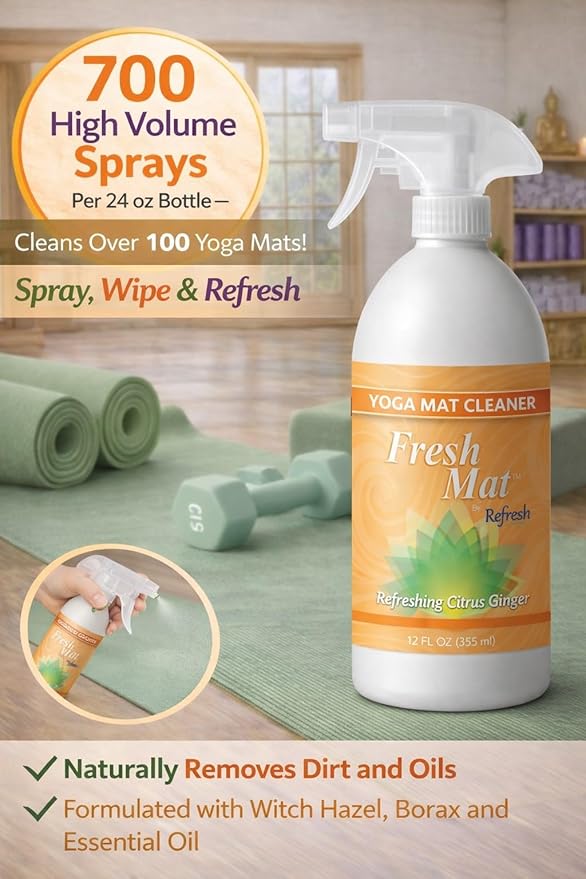Fresh Mat Yoga Mat Cleaner Spray - Natural Deodorizing Cleaner for Yoga Mats &amp Fitness Equipment - No-Rinse Residue-Free Formula with Witch Hazel &amp Essential Oil Refreshing Citrus Ginger (24