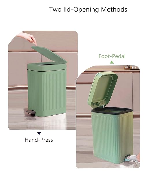 Feisco Small Trash Can with LidSmall Bathroom Trash Can with Foot Pedal and Press Type LidSlim Step-On Trash Bin Wastebasket Garbage Can for KitchenBathroom Office Bedroom (Green 1.8 Gallon)