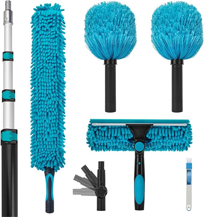 Cobweb Duster with 5-12 Ft Extension Pole Spider Web Brush with Long Telescoping Pole for 20 Feet Reach Window Cleaning Squeegee with Scrubber High Ceiling Fan Dusters