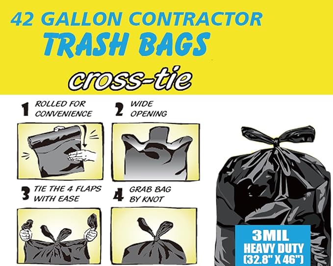 Contractor Heavy Duty Trash Bags 42 Gallon | 26 Count | 3 MIL | 32.8 X 46 | Large Black Flap Tie Construction Garbage Bags for Business Home Commercial Industrial Storage Outdoor