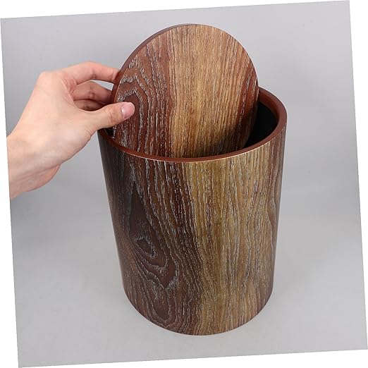 Swing Lid Garbage Can with Vintage Artificial Wood Grain Plastic Trash Bin for Bathroom Bedroom Office Easy-Clean Wastebasket for Efficient Waste Disposal