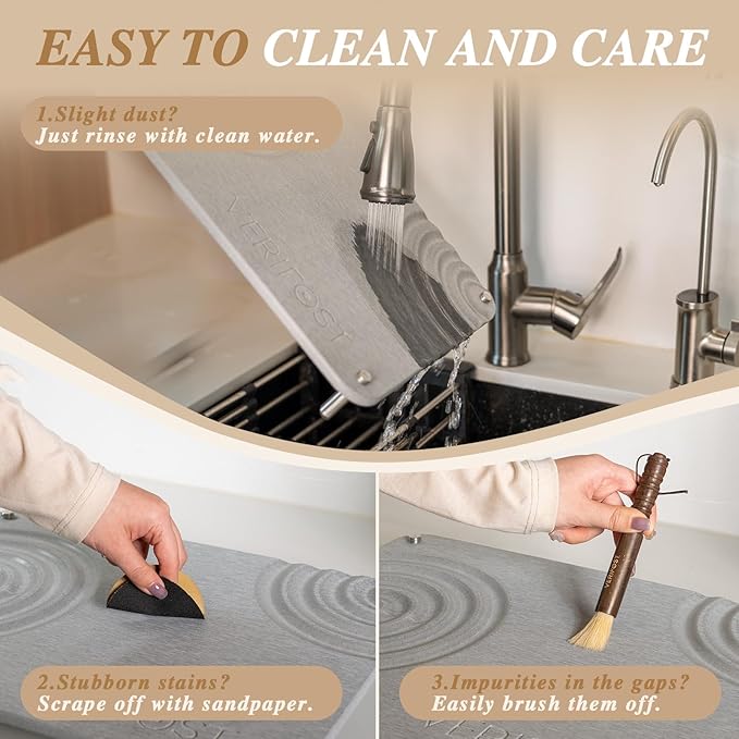 VERIFOST 2pcs Large Stone Dish Drying Mat with Acacia Wood Holder Stand for Cutting Board and Stone Drying Mat for Kitchen Counter Quick Dry Diatomaceous Earth Mat for Kitchen Counter Moonlight Gray