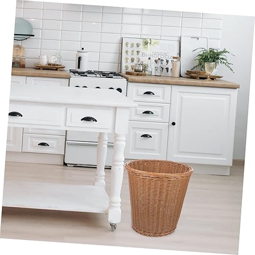 Woven Wastebasket Rust-Resistant Iron Handcrafted Faux Rattan Design Round Trash Bin for Office Home and Guest Rooms