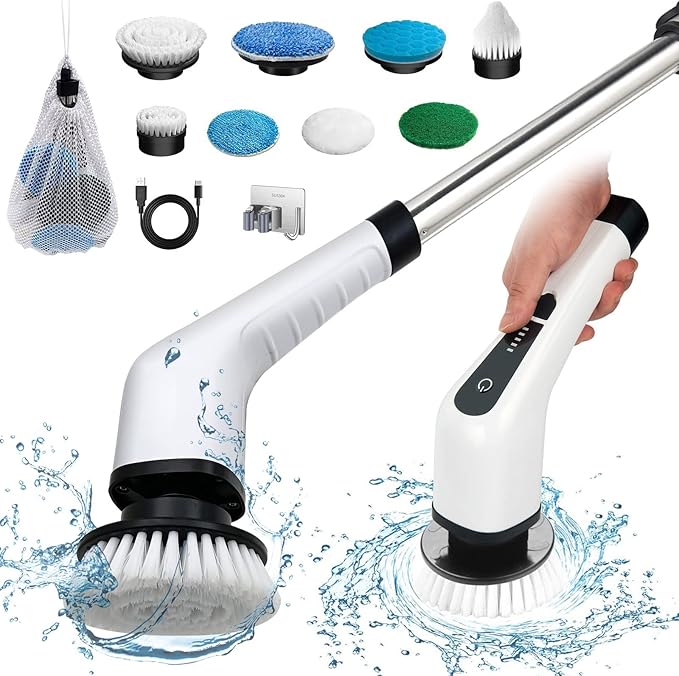 Electric Spin Scrubber Cordless Bath Tub Power Scrubber with 8 Replaceable Drill Brush Heads Shower Cleaning Brush with Adjustable Handle for Bathroom Tile Floor &amp Car White (ANS-8050)