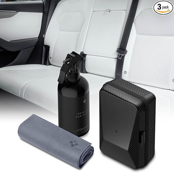Spigen Car Interior Seat Cleaner &amp Stain Remover [Safe &amp Eco-Friendly Solution] Kit with CyberCase &amp Double-Sided Microfiber Towel Accessories for Tesla White/Black Leather Seats Dashboar