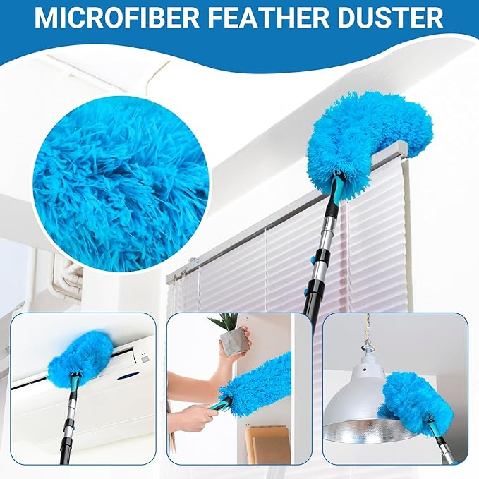 20FT High Ceiling Fan Duster with 5-12FT Extension Pole Extendable Reusable Cobweb and Bendable Feather Duster Kit for Cleaning Spiderweb and Dust