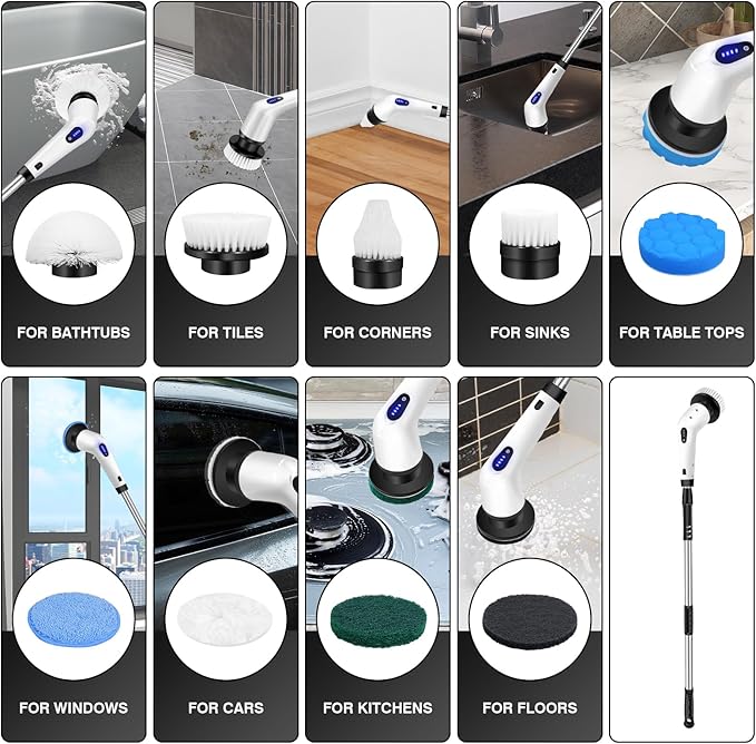Electric Spin Scrubber Cordless Tub and Tile Scrubber with 10 Replaceable Brush Heads and Adjustable Extension Handle Power Shower Scrubber for Cleaning Bathroom Tub Grout Floor EMD