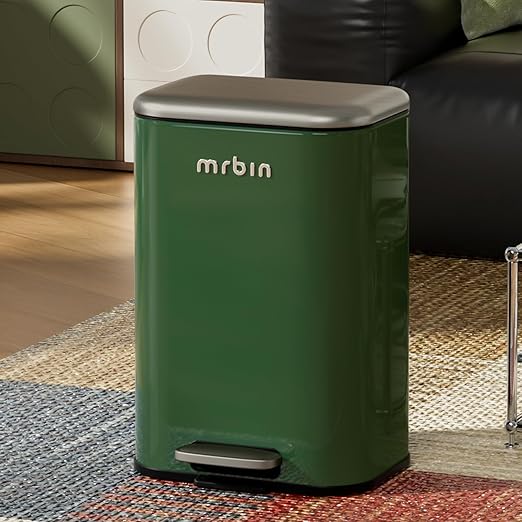 MRBIN Bathroom Trash Can with Lid Metal Step Kitchen Waste Basket Touchless Soft Close 20L / 5.2gal Rectangle Garbage Bucket with Stainless Steel Pedal for Office Bedroom Accessories Green