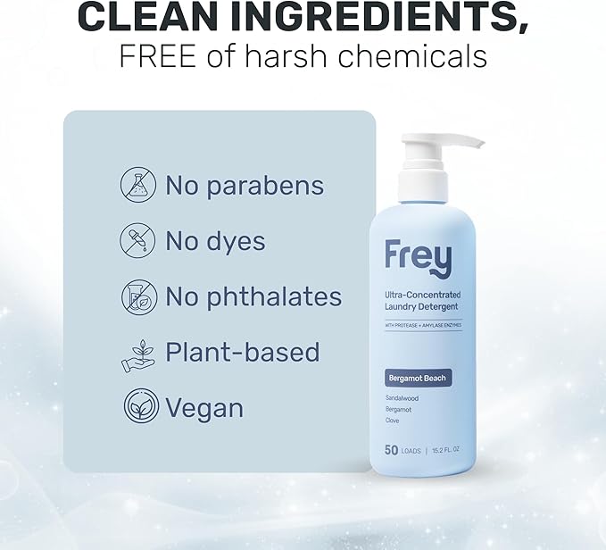 FREY Concentrated Liquid Laundry Detergent | Formulated for Sensitive Skin &amp HE Washers | Removes Stains Effectively | 50 Loads per Bottle (1-pack Bergamot Beach)