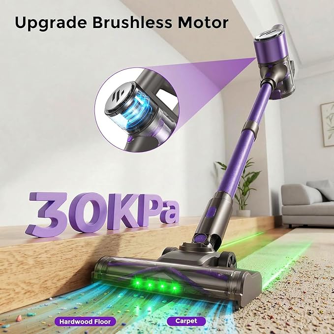 Cordless Vacuum CleanerVacuum Cleaner for Home with Brushless MotorLightweight Stick Vacuum with Self-Standing and Touch ScreenHardwood Floor Vacuum for Pet HairCarpetsTile(Deep Purple)