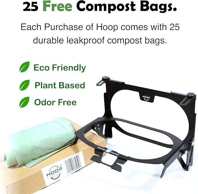 Hoop Metal Compost Bag Holder + 25 Compostable Bags 3 Gallon Clips to Kitchen Trash Can Kitchen Cabinet Door Replaces Countertop Compost Bin Hanging Trash Can.