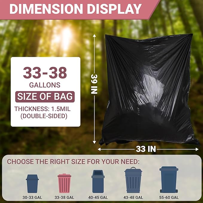 33-38 Gallon Heavy Duty Garbage Bags 100 Count 33in x 39in x 1.5mil - Extra Large for Kitchen Office Lawn and Outdoor Yard Waste