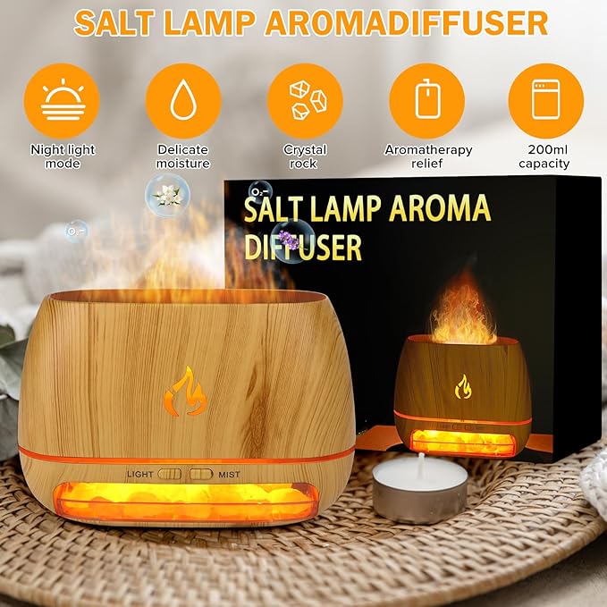 3-in-1 Ultrasonic Essential Oil Diffuser &amp Himalayan Salt Lamp Diffuser &amp 7 Colors Changing Oil Diffuser100% Pure Himalayan Pink Salt Rock Waterless Auto off-200ml (Wooden Grain)
