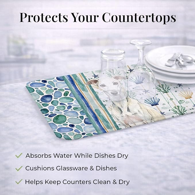 Caroline's Treasures White Whippet Coastal Sea Glass Dish Drying Mat Absorbent Dish Drying Mat Pad for Kitchen Counter Dish Drainer Mat for Countertop 14 x 21 Multicolor