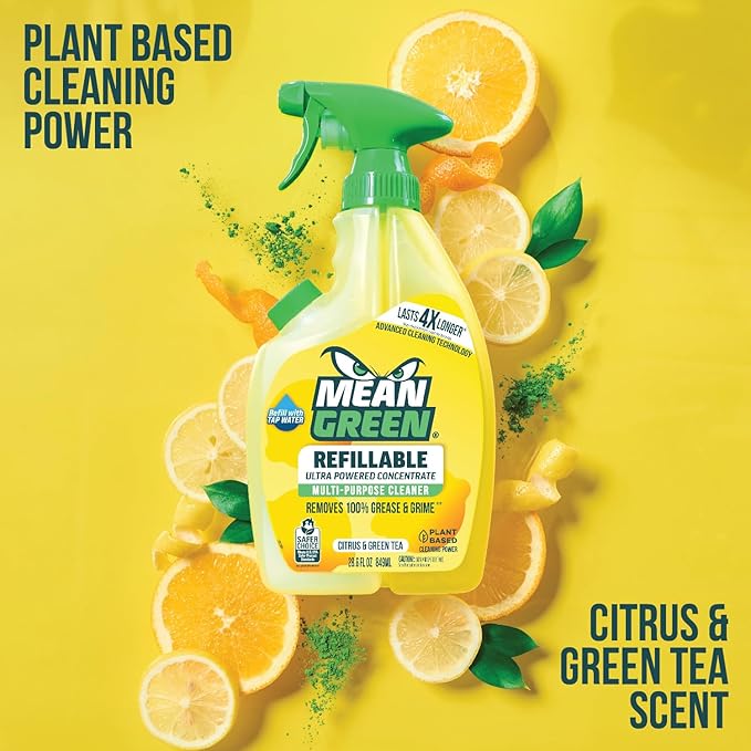 Mean Green Refillable Ultra Powered Multi-Purpose Cleaner Concentrate Citrus &amp Green Tea 14.3 fl oz (2-Pack) – Plant &amp Mineral Based Cuts Through Grease &amp Grime Refillable Bottle Makes