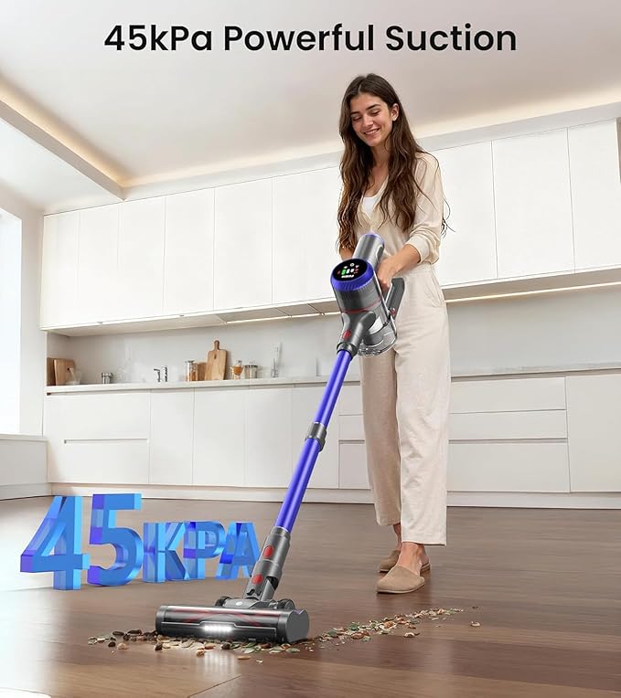 Cordless Vacuum Cleaner 550W 45kPa 65Mins Vacuum Cleaners for Home with LED Display Self-Standing Stick Vacuum with Anti-Tangle Brush Rechargeable Vacuum Cordless for Pet Hair/Carpet/Floor