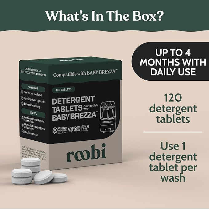 Roobi Detergent Tablets Compatible with Baby Brezza Bottle Washer Pro. Removes Milk Residue &amp Odor Hypoallergenic Carbon Neutral Formula. 120 Count.
