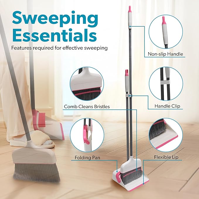BLACK+DECKER Butler Broom &amp Dustpan Set - Stand-Up Design - Lightweight Space-Saving Combo for Kitchen Living Room Bathroom Lobby Floors - Home Cleaning Essential White/Pink