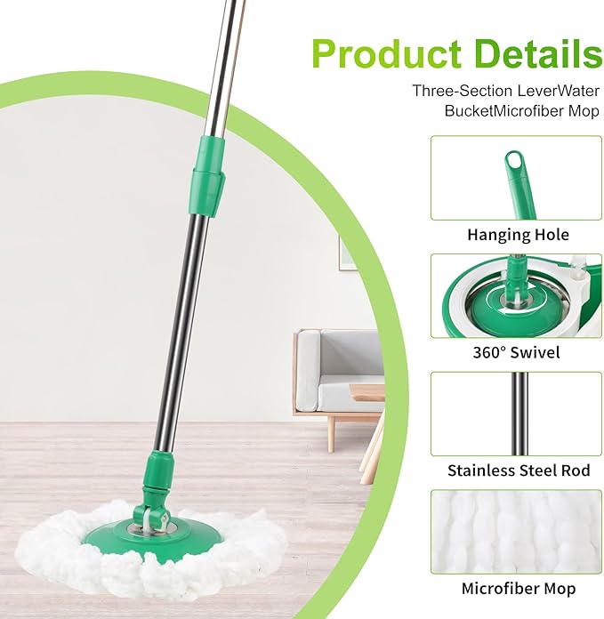 Spin Mop and Bucket with Wringer Set 360°Spin Mop &amp Bucket Floor Cleaning System Mop Bucket with Adjustable Extended Handle 3 Microfiber Replacement Head Refills Green