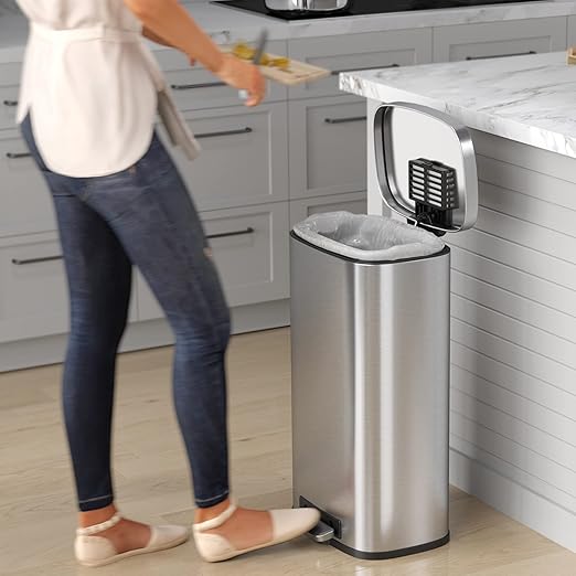 iTouchless SoftStep 8 Gallon Step Trash Can with Activated Carbon Filter Deodorizer &amp Removable Inner Bucket Stainless Steel 30 Liter Pedal Garbage Bin for Office Home and Kitchen