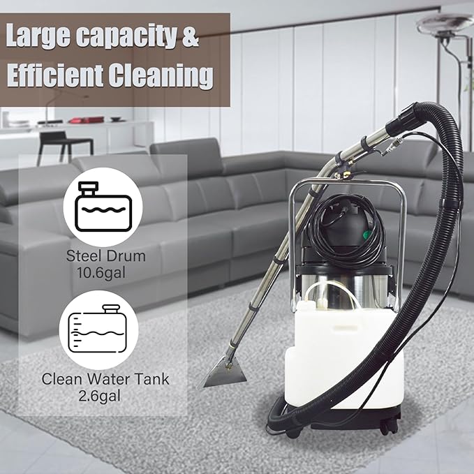 Commercial Carpet Cleaner Machine 40L/11Gal Heavy-Duty 3-in-1 Extractor Machine (SprayVacuumWash) for Hotel/Office with 23ft Cord &amp Steel Drum 1000W 110V