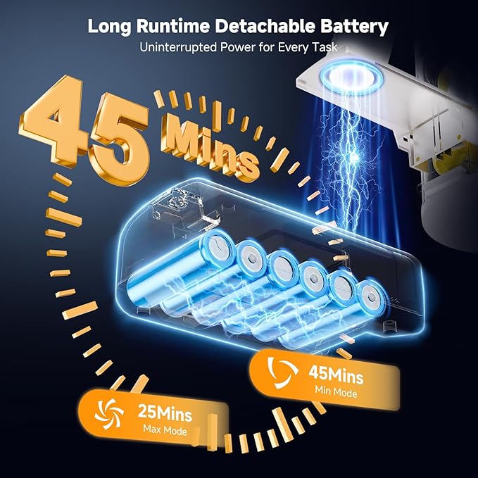 Cordless Vacuum Cleaner for Home Powerful Stick Vacuum with Rechargeable Battery Green Light Anti-Tangle Brush 6-in-1 Lightweight Handheld Vacuum for Pet Hair Hard Floor Carpet Yellow