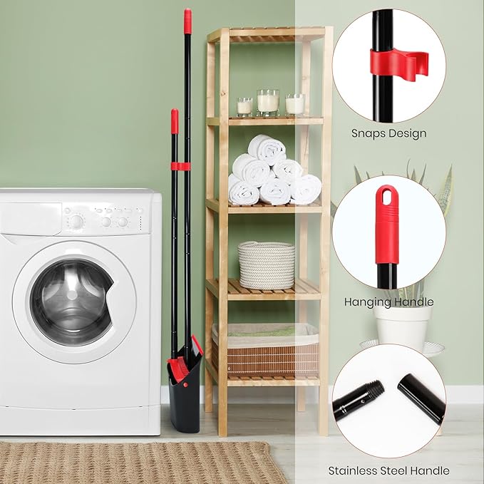 TreeLen Dust Pan and Broom/Dustpan Cleans Broom Combo with 52 Long Handle for Home Kitchen Room Office Lobby Floor Use Upright Stand Up Broom and Dustpan Set - Black/Red