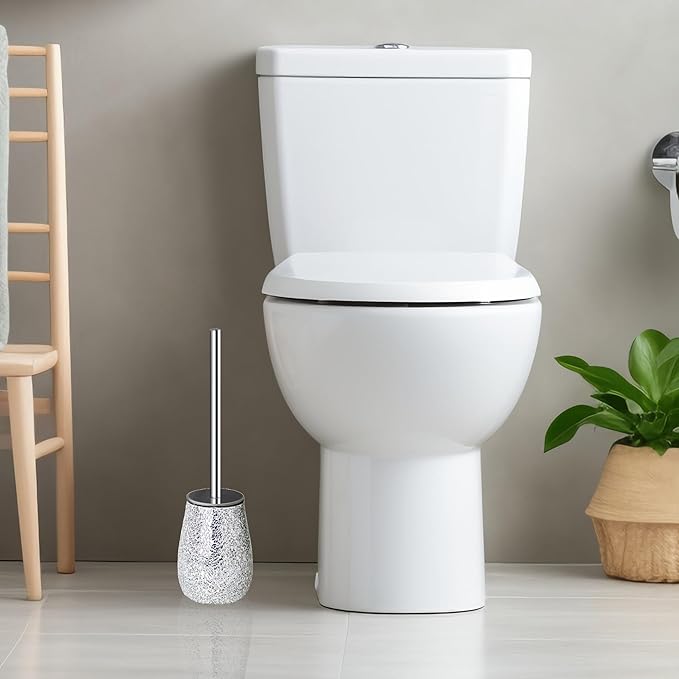 Escenzy Modern Toilet Brush and Holder Set Mosaic Glass | Non-Rustic Stainless Steel | Practical &amp Decorative Toilet Bowl Brush and Holder | Luxury Silver Glitter Bathroom Accessories