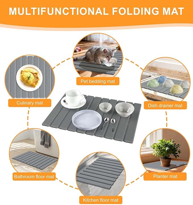 Stone Dish Drying Mat for Kitchen Counter 24(L)×16(W) Collapsible Fast Drying Diatomaceous Earth Mats with Towel Sanding ToolVersatile Stone Drying Mats for Cups Dishes Bottles Bathroom -Gray