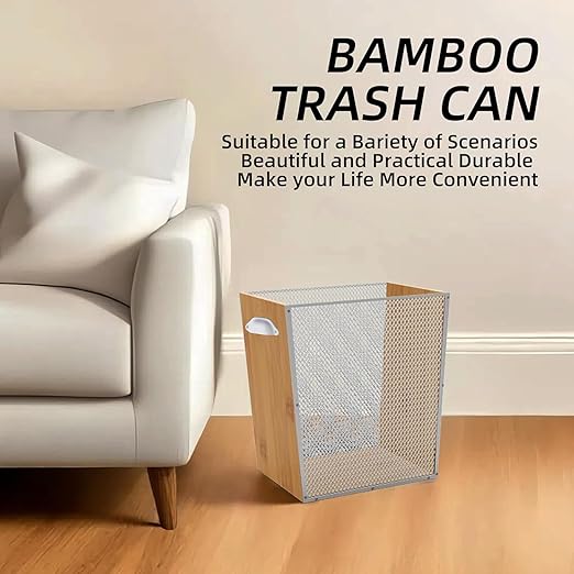3 Gallon Bamboo-Wooden Trash Can - Rustic Office Waste Paper Basket - Decorative Garbage Bin for Bedroom Bathroom Kitchen Living Room