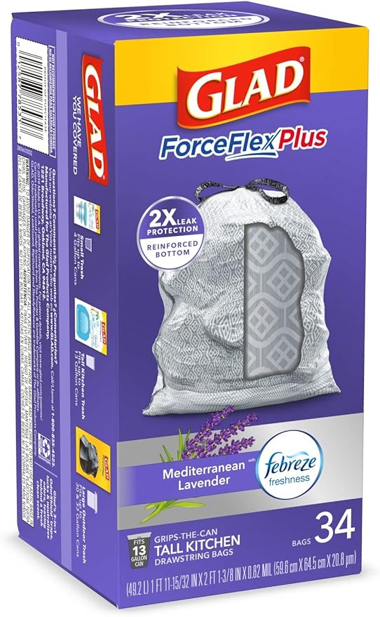 Glad Trash Bags ForceFlexPlus Tall Garbage Drawstring Garbage Bags - 13 Gallon Grey Trash Bag Lavender with Febreze Freshness 34 Count (Package May Vary)