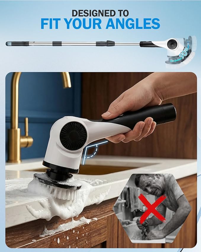 Electric Spin Scrubber 3-Speed Cordless Shower Scrubber with 90° Adjustable &amp 10 Replaceable Brush Heads 90 Mins Runtime &amp Full-Body IPX7 Waterproof Shower Cleaner Brush with Long Handle