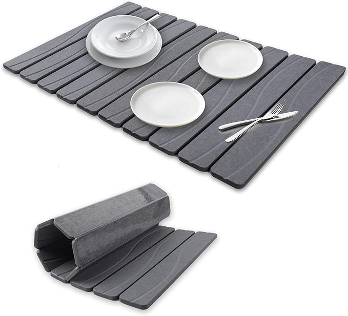 Stone Drying Mat for Kitchen Counter 24x16 Large Diatomaceous Earth Stone Dish Drying Mat Fast Absorbing Foldable Quick Dry Stone Sink Mat for Dishes Pans &amp Kitchen Utensils (Gray)