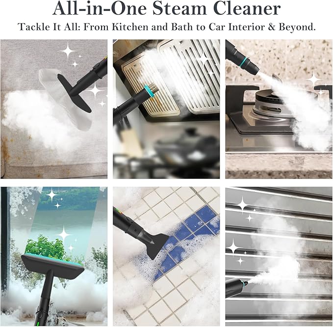 Steam Cleaner 3-Level Adjustable Handle 15s Heat-Up Steamer for Cleaning With 1.8L Large Tank Dry Burn Protection Handheld Steam Cleaner for Home Bathrooms TileGroutCar with 12pcs Accessories