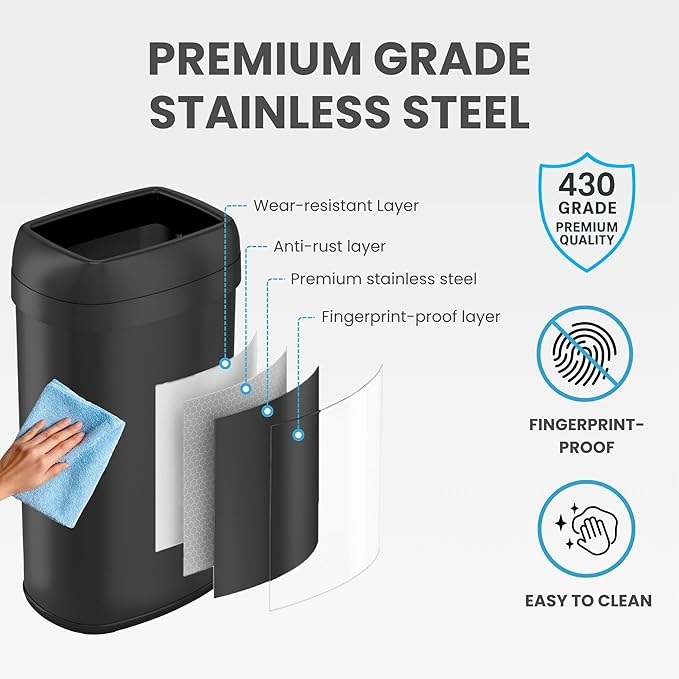 iTouchless 16 Gallon / 61 Liter Open Top Kitchen Trash Can &amp Recycle Bin Matte Black Stainless Steel Commercial Grade Garbage Bin with Dual Odor Filters for Office Garage Restaurant and Home