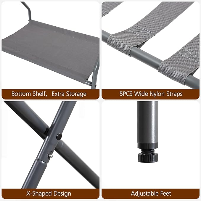 AMHANCIBLE Luggage Rack Set of 2 Foldable Suitcase Stands for Guest Room Metal Luggage Holder with Storage Shelf for Bedroom Hotel Easy Assemble HLR02GY