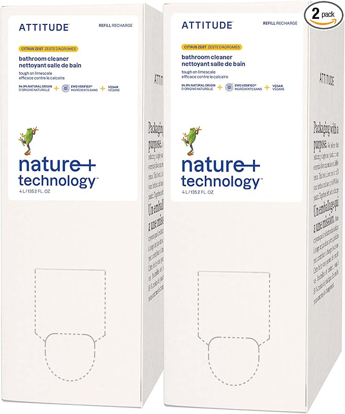 ATTITUDE Bathroom Cleaner Spray Refill EWG Verified Plant-Based &amp Vegan Safe for Bathroom Surfaces Tiles Tubs Shower Walls and Grout Citrus Zest Scent 135.26 Fl Oz (Pack of 2)