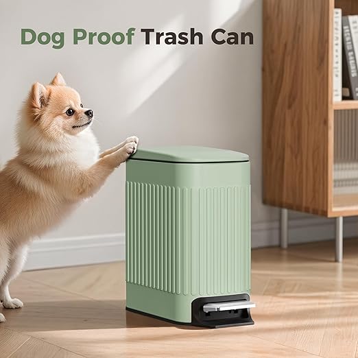 TrashAid Slim Bathroom Trash Can with Lid Soft Close 6 Liter/1.6 Gallon Stainless Steel Small Garbage Can with Removable Inner Bucket Step Pedal Slim Wastebasket for Toilet Office Bedroom Green