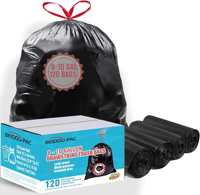 8-10 Gallon Trash Bags Drawstring 120 Count Bulk Black &amp Unscented Multi-purpose Garbage Bags for Business Home Bathroom Kitchen Commercial and Industrial